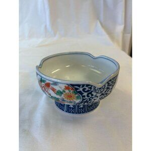 Vintage Japanese Ceramic Floral Blue & White Bowl With Scalloped Rim 3.5" Diamet
